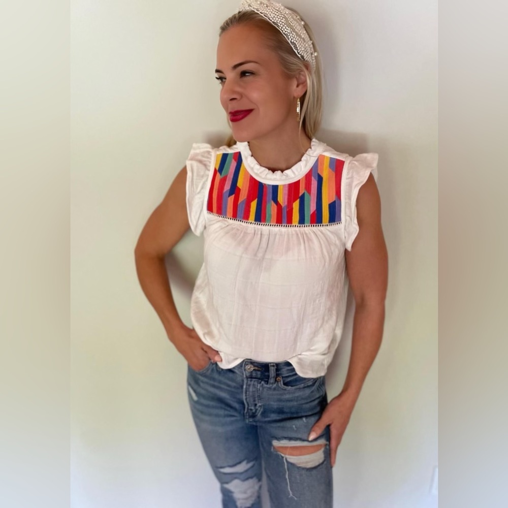 Embroidered Ruffle Sleeve Knit Top